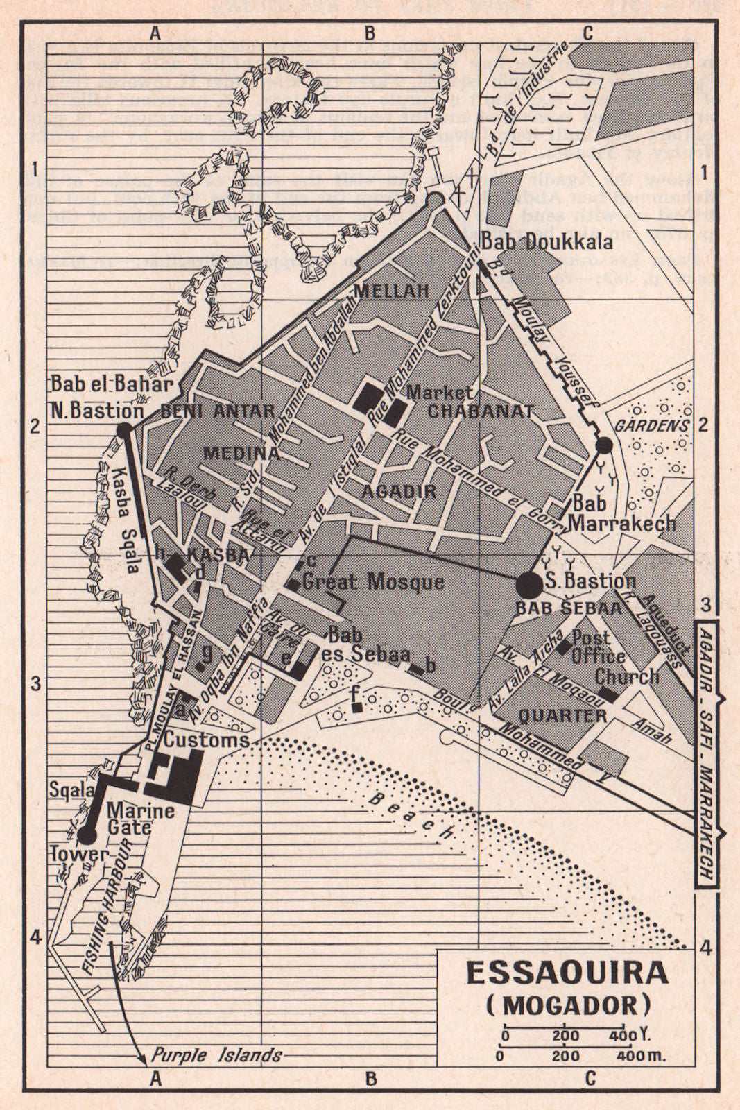 Essaouira (Mogador) vintage town city tourist plan. Morocco 1966 old map